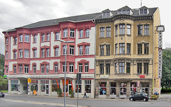 im Zentrum von Chemnitz verbliebene, gründerzeitliche Hausgruppe am Getreidemarkt